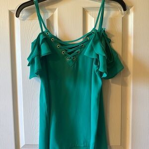 Express-Women’s Teal Cold-Shoulder Lace-Up Ruffle Top